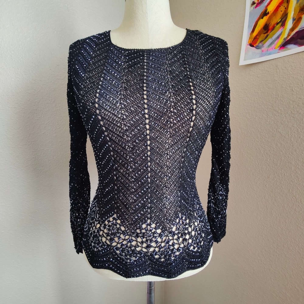 Black Beaded Crochet Open Knit‎ Top 3/4 Sleeve Scalloped Hem Whimsigoth Boho